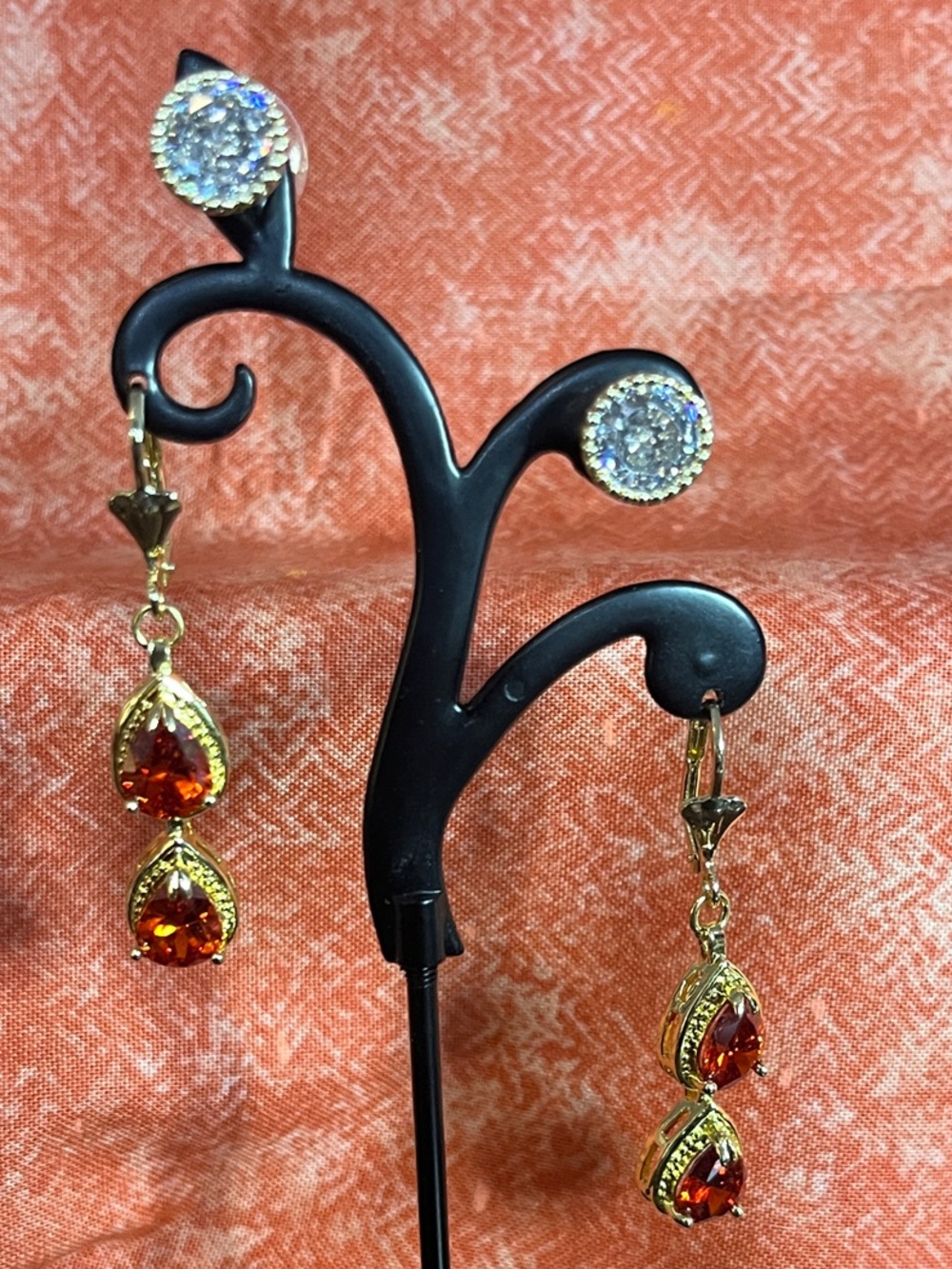 Gold Plated Red Drop Earrings with Gold Plated CZ Stud Earrings TWOFER
